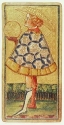 Myntsidan, från ett tarotkortspel (gouache och förgyllt på kort)